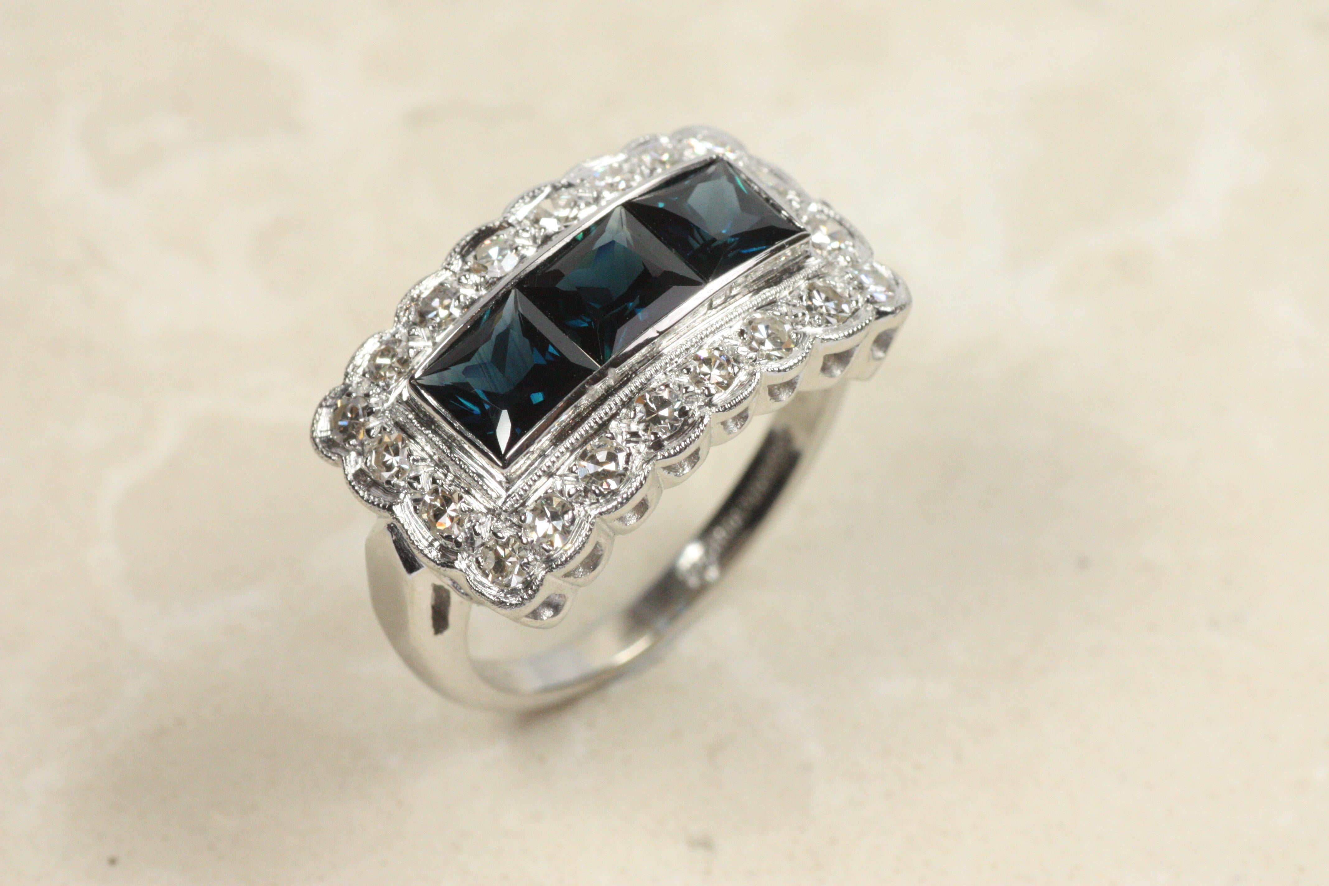 Vintage Saphir & Diamant Rechteckiger Cocktail Ring - Platin Damen im Angebot