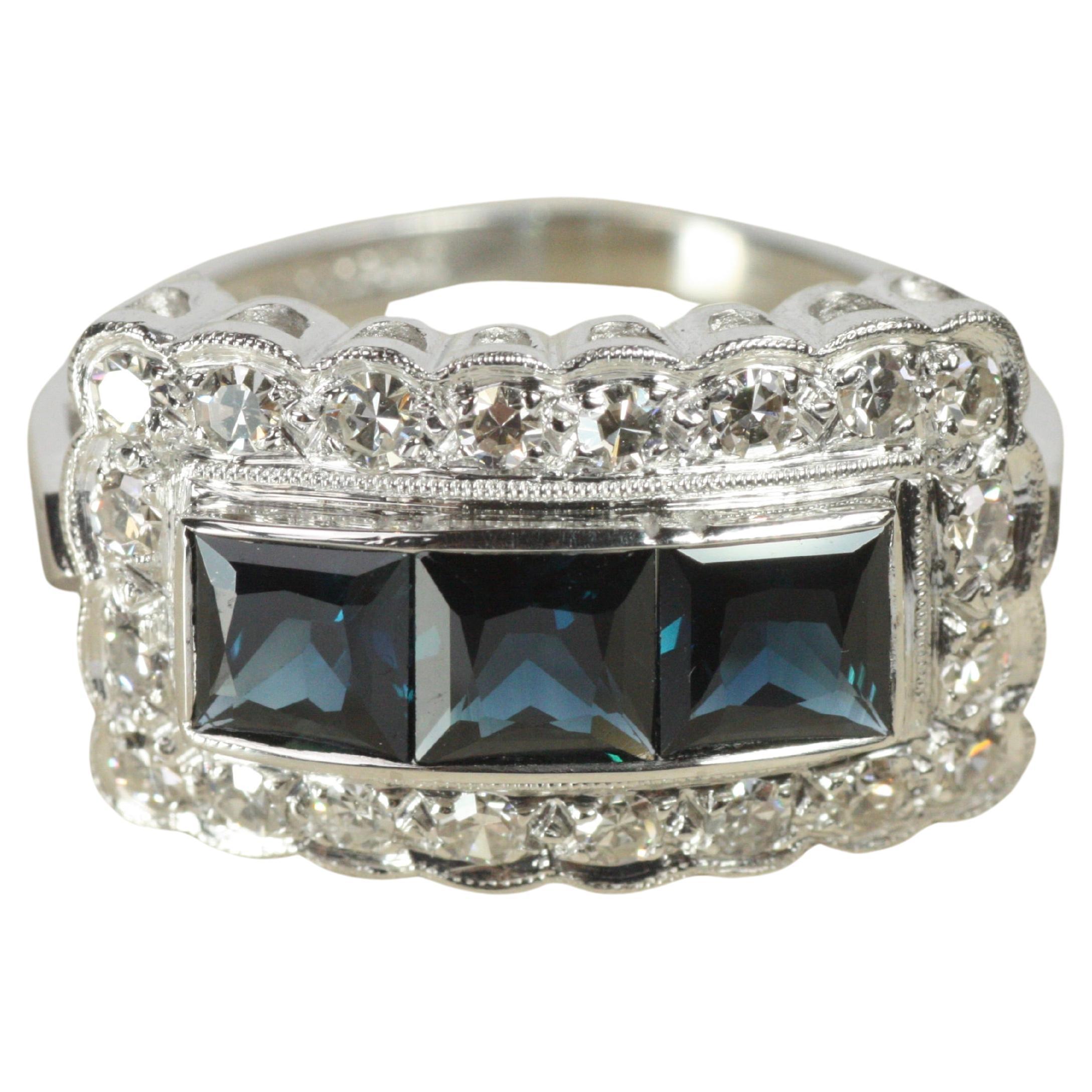 Vintage Saphir & Diamant Rechteckiger Cocktail Ring - Platin im Angebot