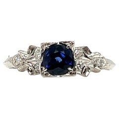 Anello Art Deco con zaffiro e diamante taglio singolo da .92ct Originale degli anni '30 Plat antico