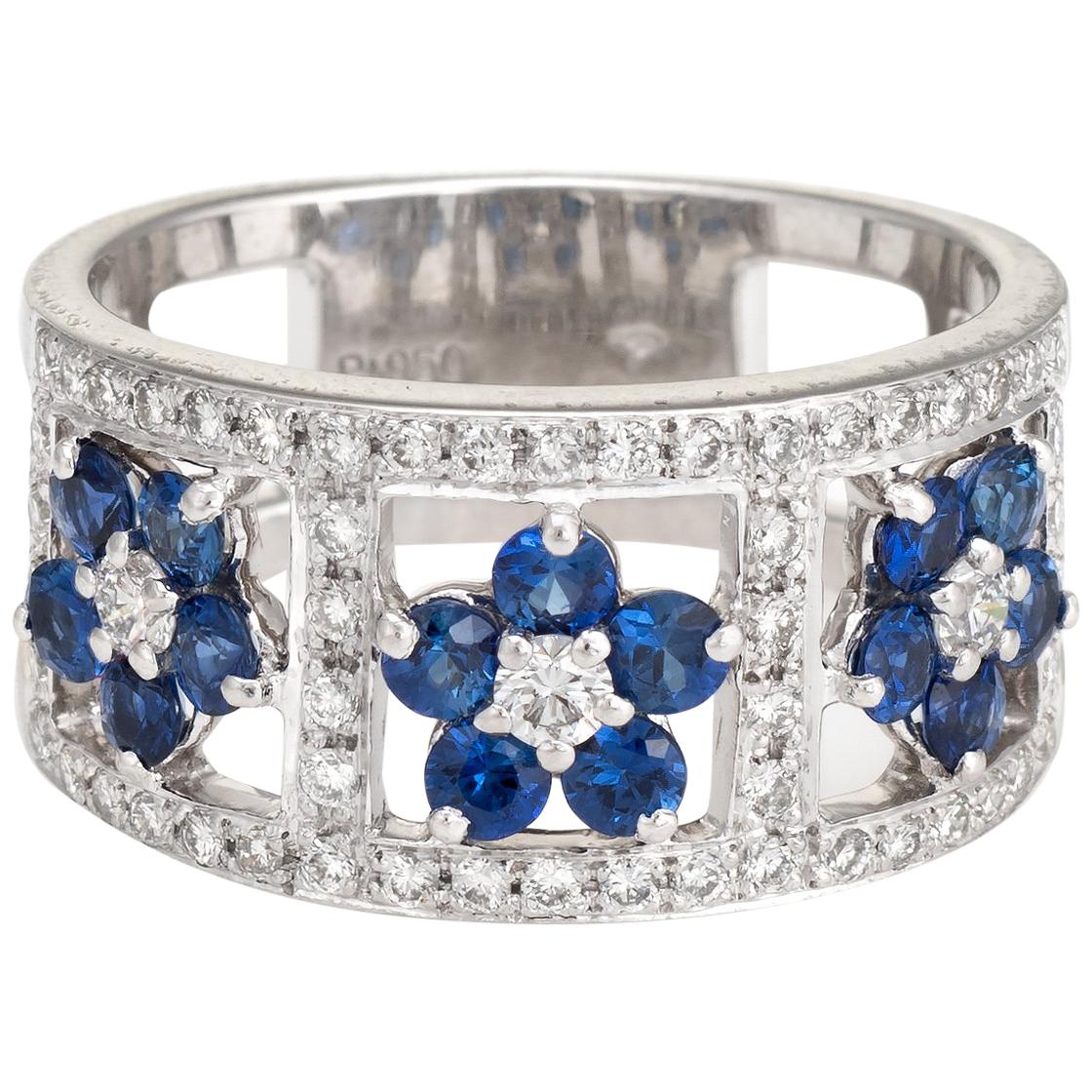 Vintage Sapphire Diamond Ring Flowers Wide Cigar Band Platinum Jewelry
