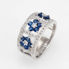 Vintage Sapphire Diamond Ring Flowers Wide Cigar Band Platinum Jewelry