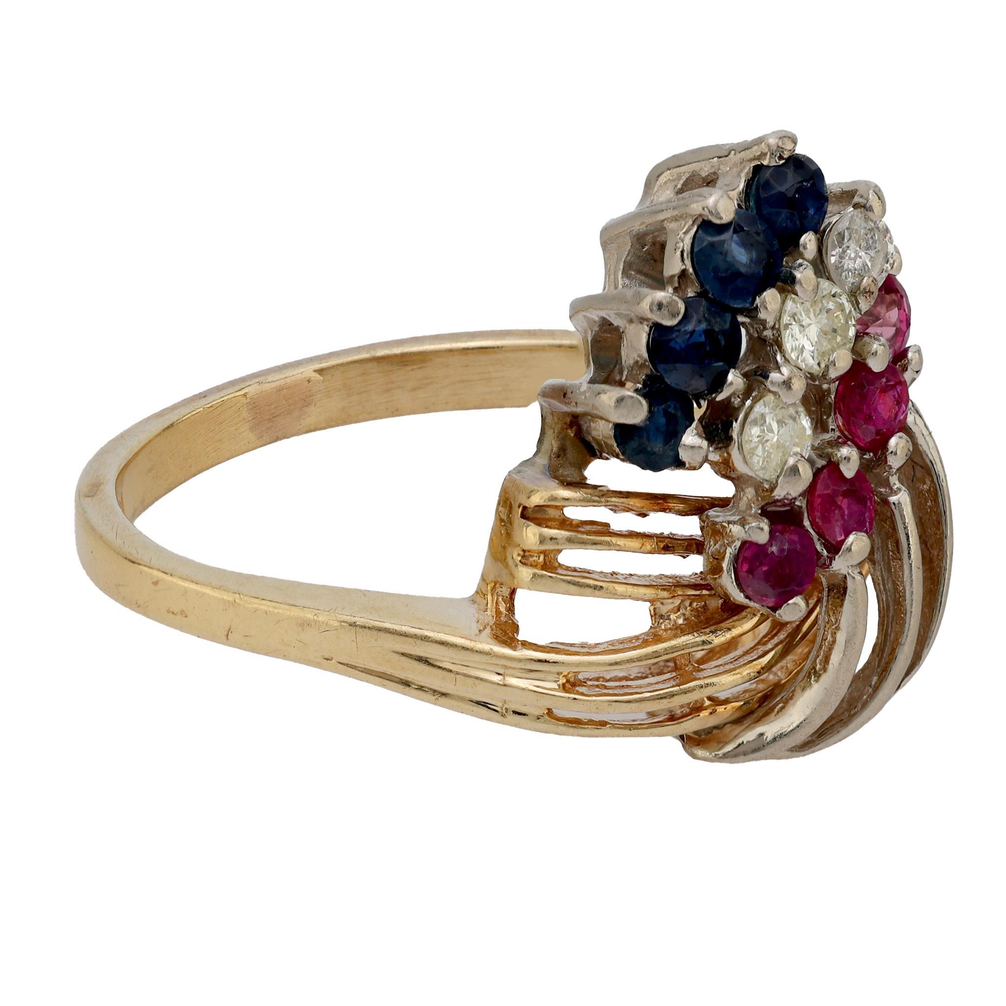 Modern Vintage sapphire diamond ruby 14k yellow gold ring