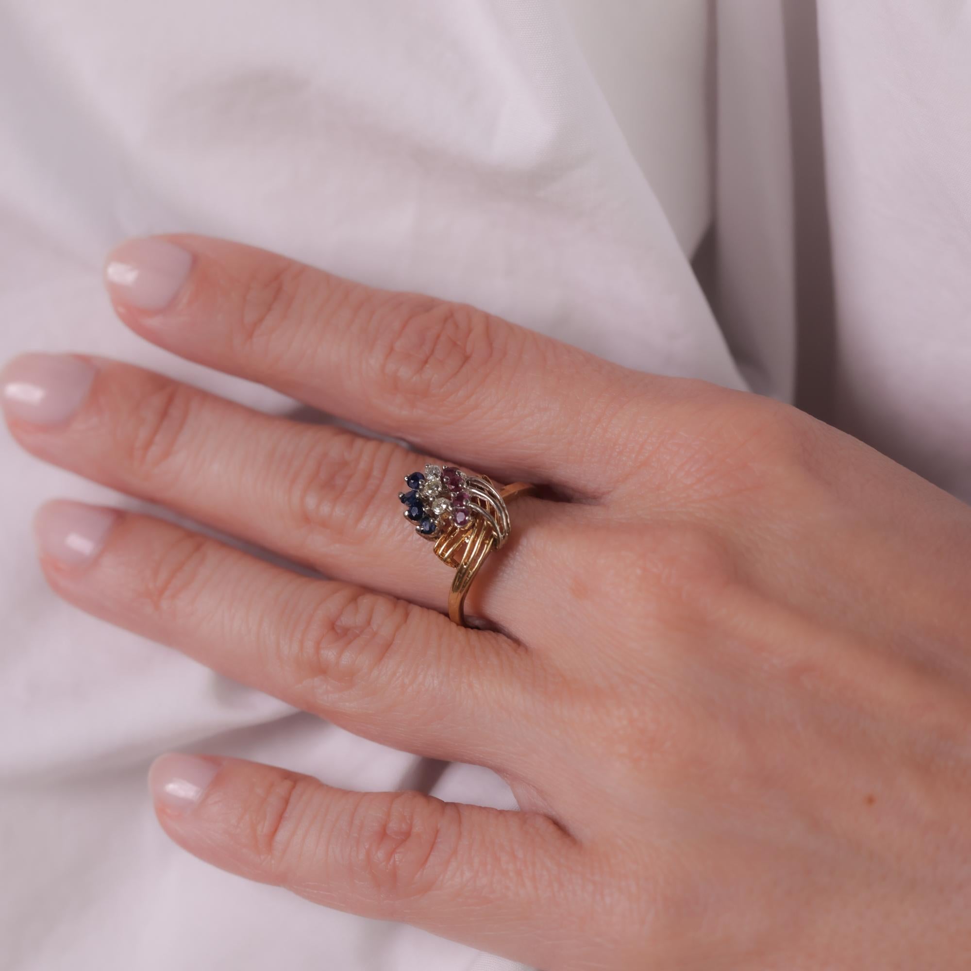 Brilliant Cut Vintage sapphire diamond ruby 14k yellow gold ring