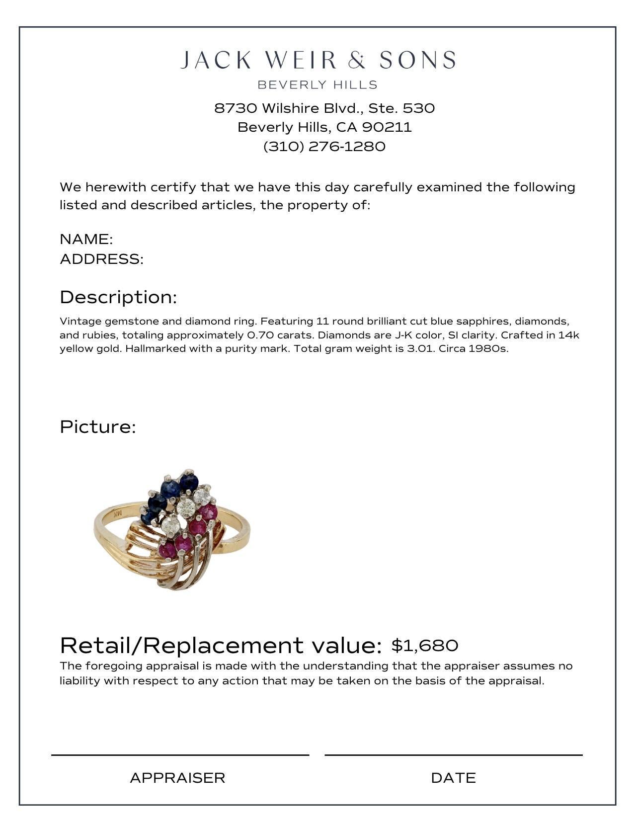 Vintage sapphire diamond ruby 14k yellow gold ring In Excellent Condition In Beverly Hills, CA