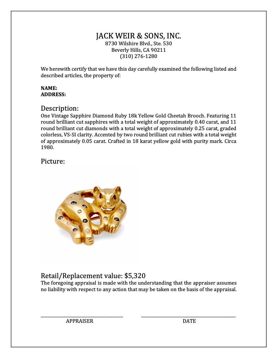 Broche guépard vintage en or jaune 18 carats avec saphir, diamant et rubis en vente 1
