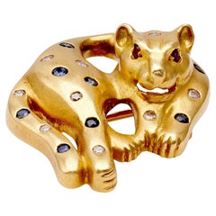 Cheetah-Brosche, Vintage, Saphir, Diamant, Rubin, 18 Karat Gelbgold