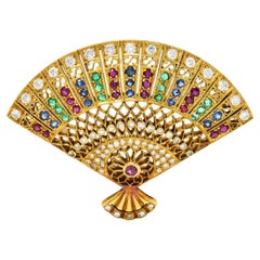 Vintage Sapphire Diamond Ruby Emerald 18 Karat Gold Fan Brooch
