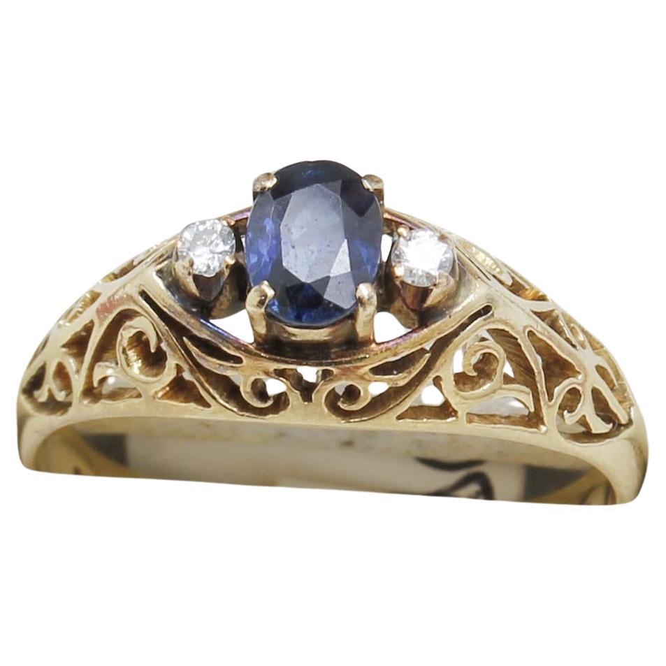 Vintage Sapphire & Diamond set Yellow Gold, Filigree Engagement Ring For Sale