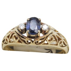 Vintage Sapphire 
Diamond set Yellow Gold, Filigree Engagement Ring