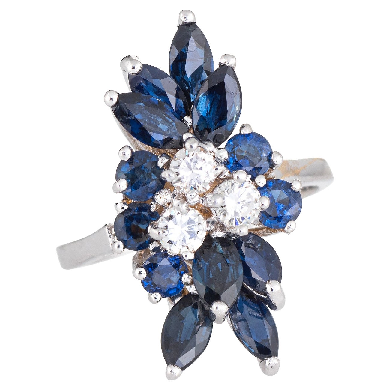 Vintage Sapphire Diamond Spray Ring 14k White Gold Cocktail Estate Fine Jewelry