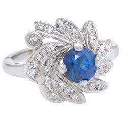 Vintage Sapphire Diamond Swirl Ring Cocktail Jewelry 14 Karat Gold Estate 6.5