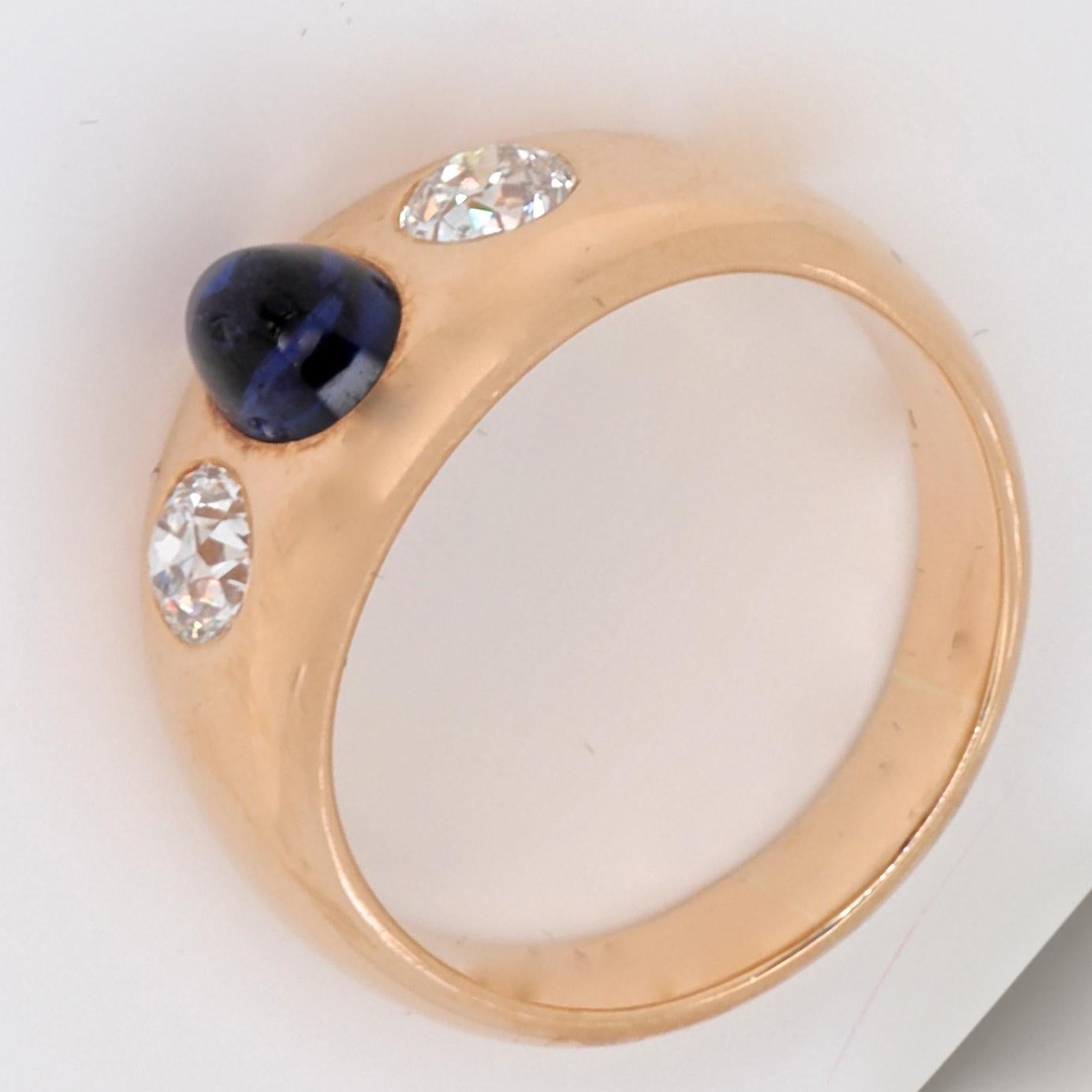 Cabochon Vintage Sapphire Diamond Three-Stone 18 Karat Gypsy Ring