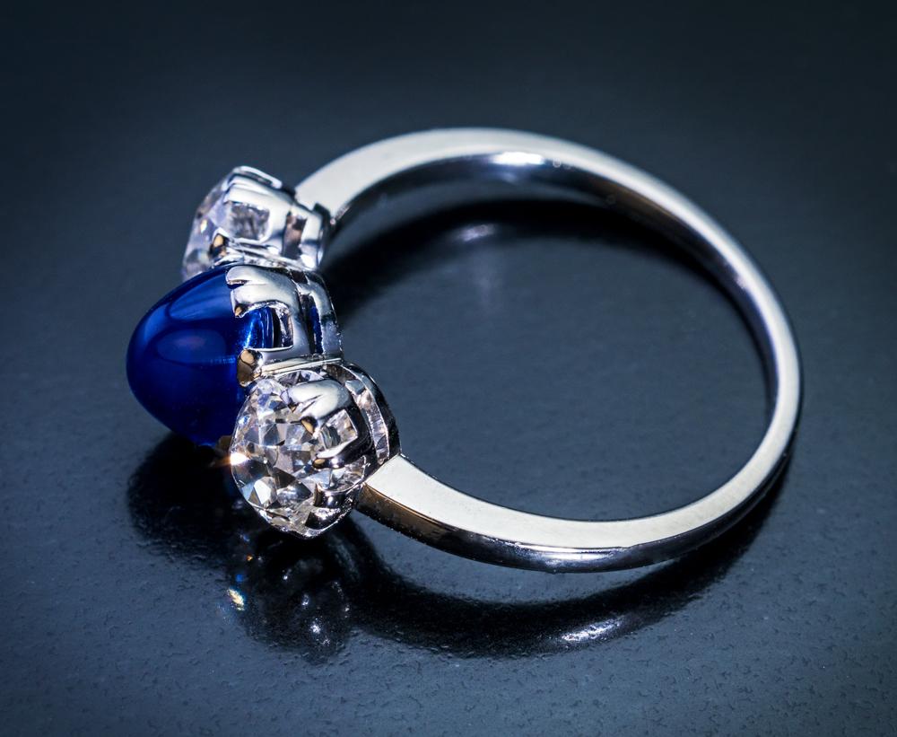 Women's Vintage Sapphire Diamond Three-Stone Platinum Engagement Ring