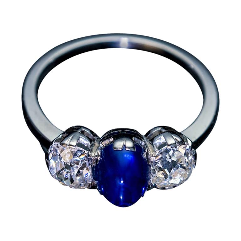 Vintage Sapphire Diamond Three-Stone Platinum Engagement Ring