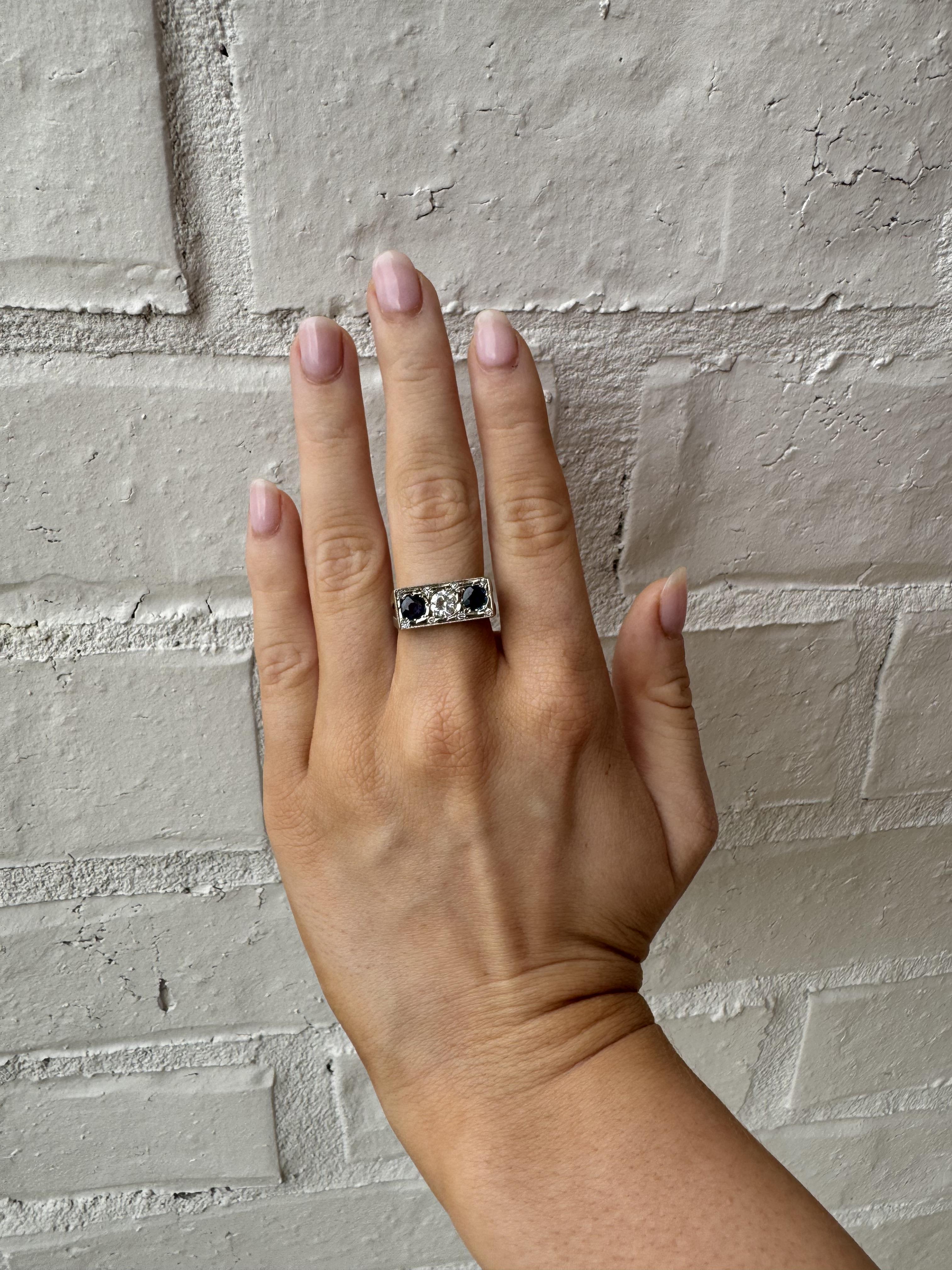 We always love vintage three stone rings!!

Ring Details
Material: 14K White Gold
Era: Art Deco 1920 - 1940
Head Width: 7.5mm
Weight: 5.4 Grams
Finger Size: 6 1/4

Accented by the following gemstones
1 - 5.1mm Old European Cut Diamond; GH Color; VS