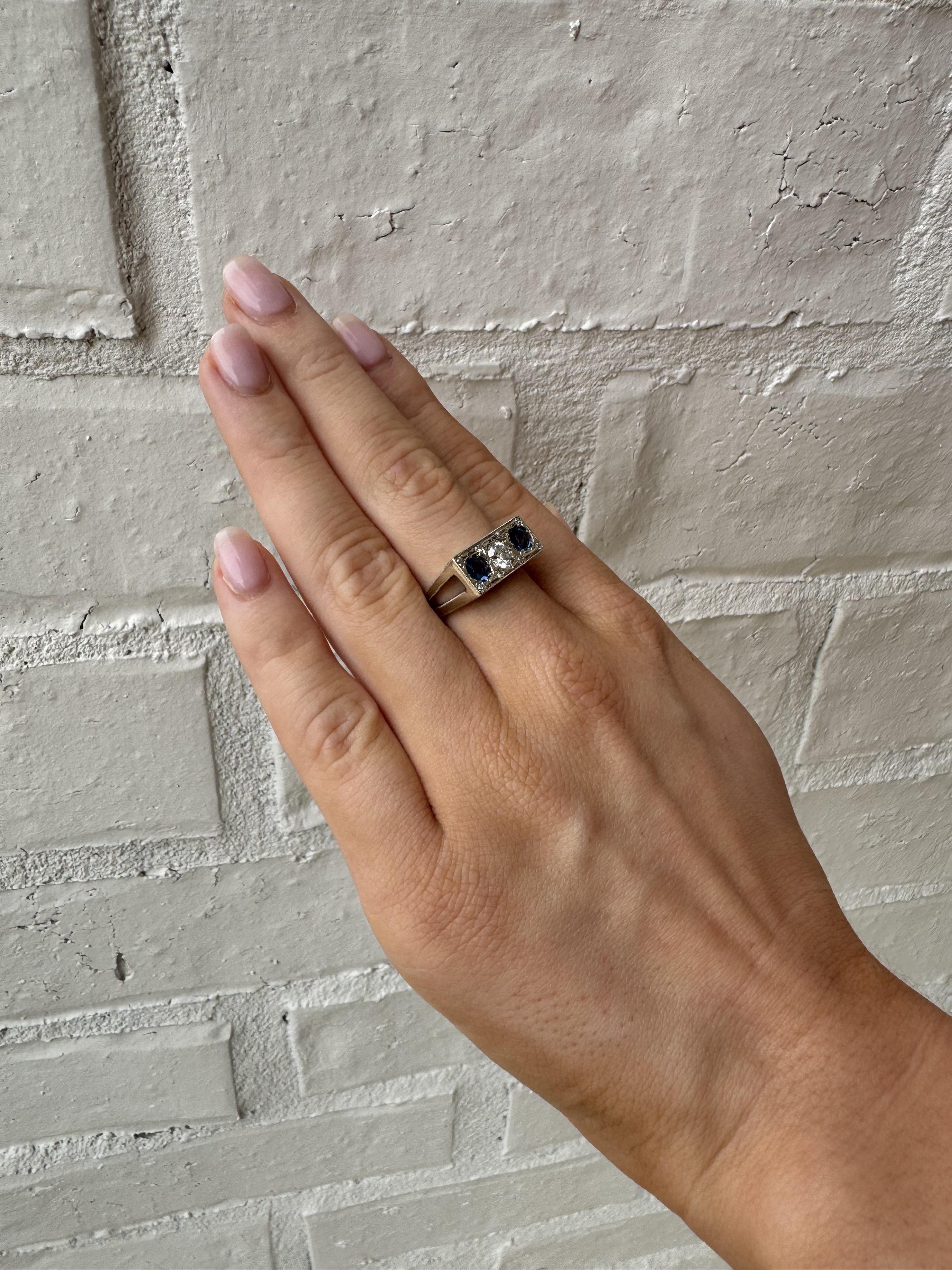 Old European Cut Vintage Sapphire & Diamond Three Stone Ring For Sale