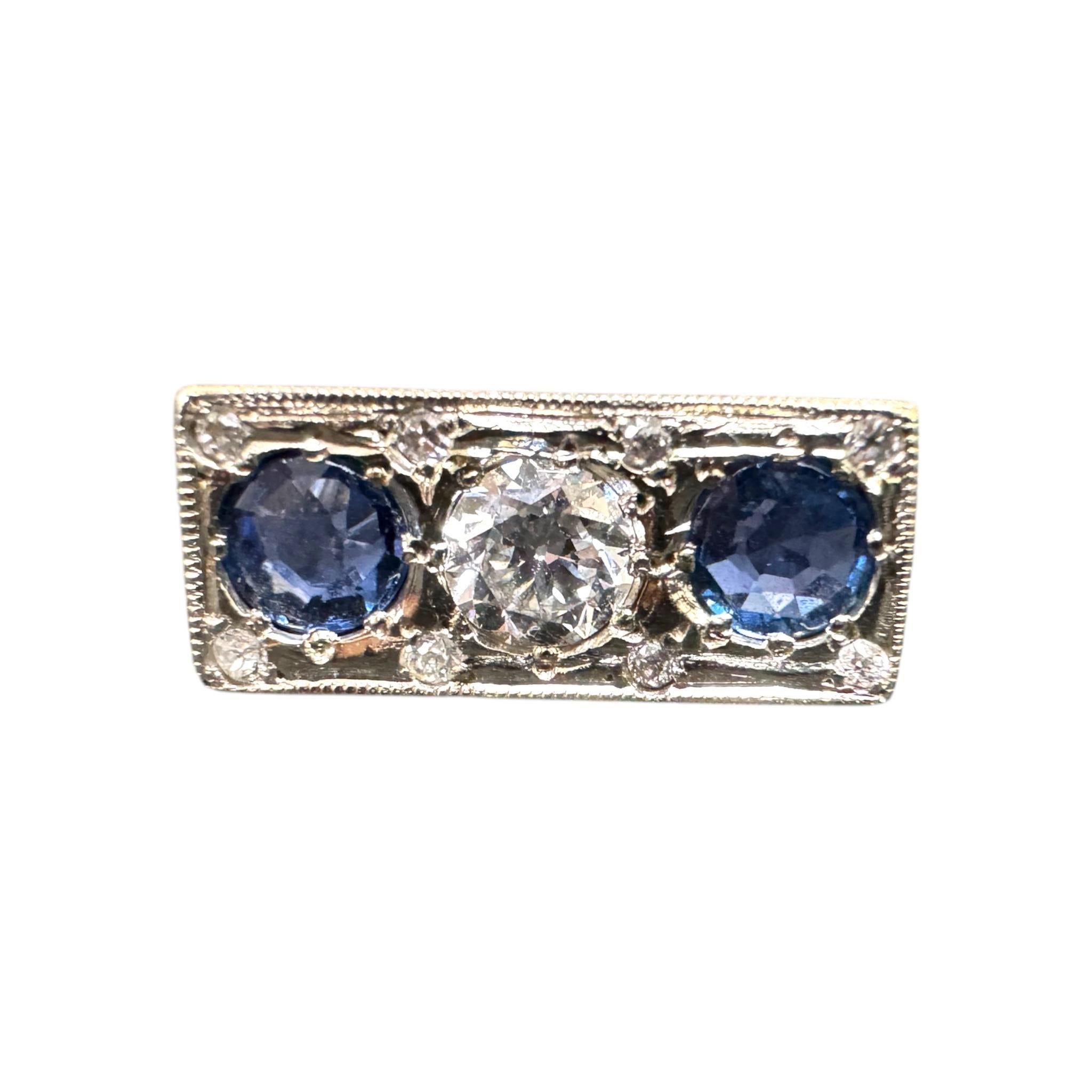 Vintage Sapphire & Diamond Three Stone Ring For Sale 2