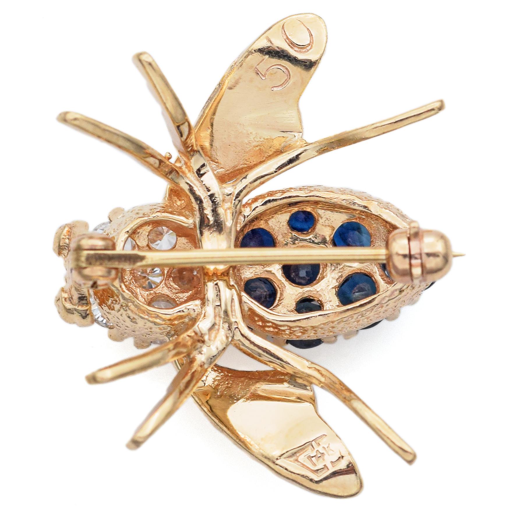 Round Cut Vintage Sapphire & Diamond Yellow Gold Bee Bug Brooch Pin Pendant