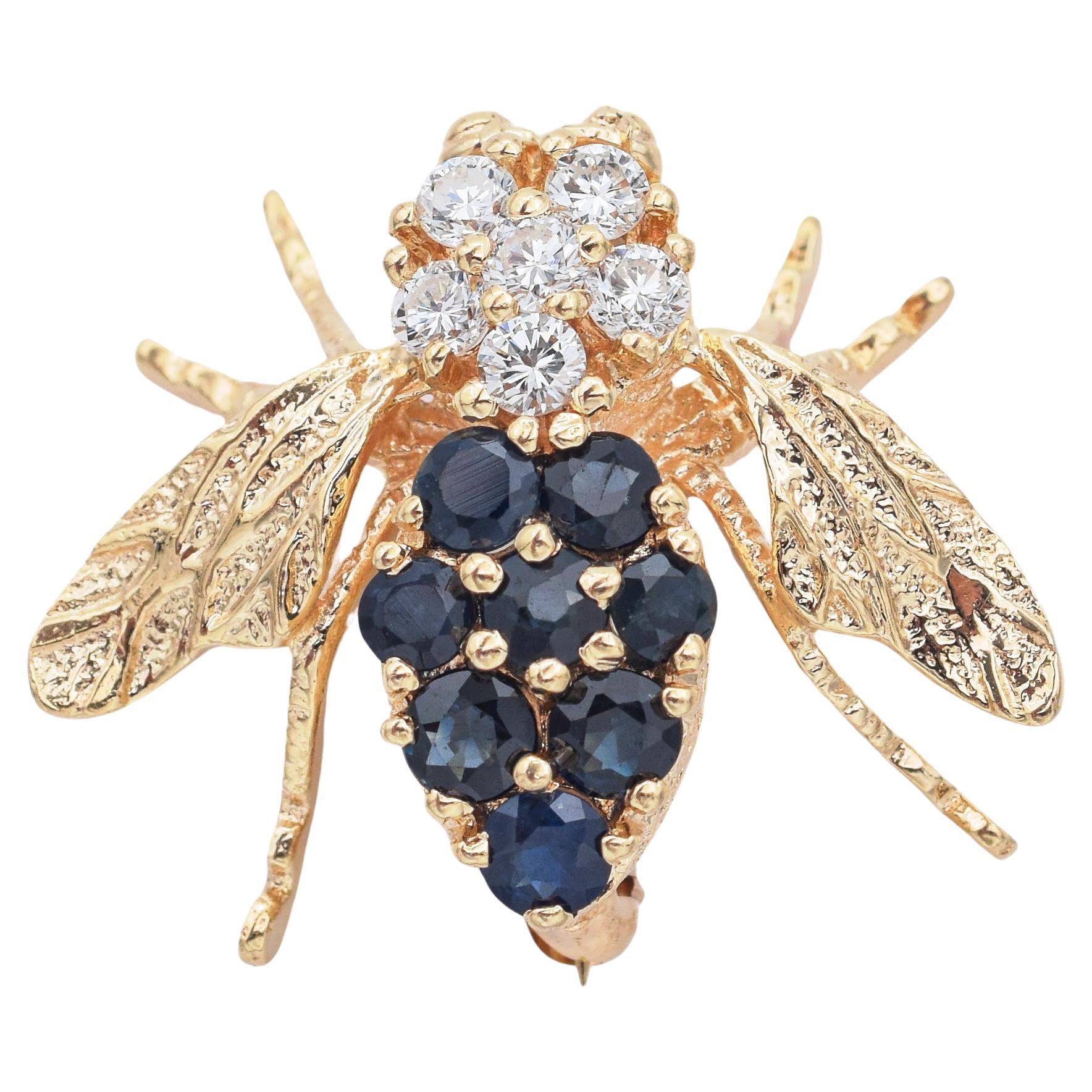 Vintage Sapphire & Diamond Yellow Gold Bee Bug Brooch Pin Pendant