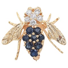 Vintage Sapphire & Diamond Yellow Gold Bee Bug Brooch Pin Pendant