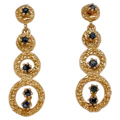 Vintage Sapphire Earrings w Circle Dangles W Nugget Design in 14K Yellow Gold