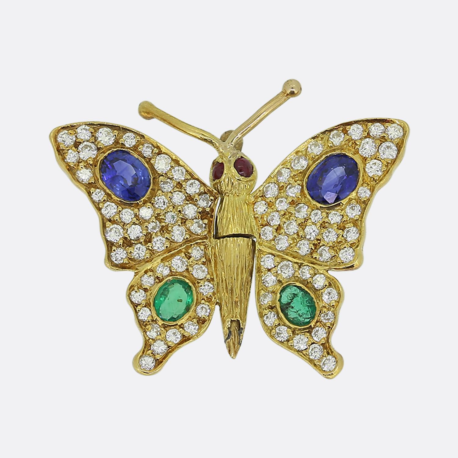 Vintage Sapphire Emerald and Diamond Butterfly Brooch In Good Condition For Sale In London, GB