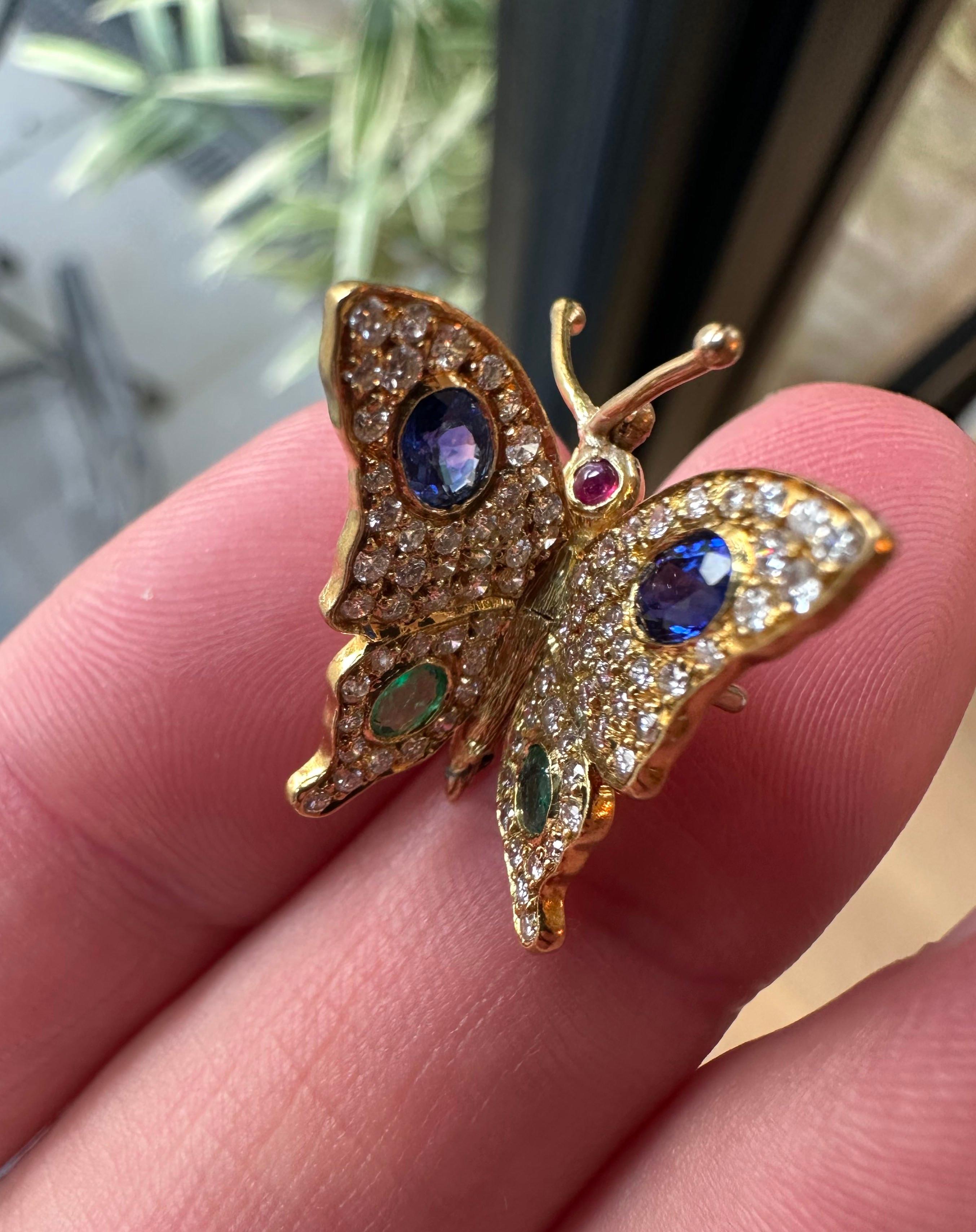 Vintage Sapphire Emerald and Diamond Butterfly Brooch For Sale 1