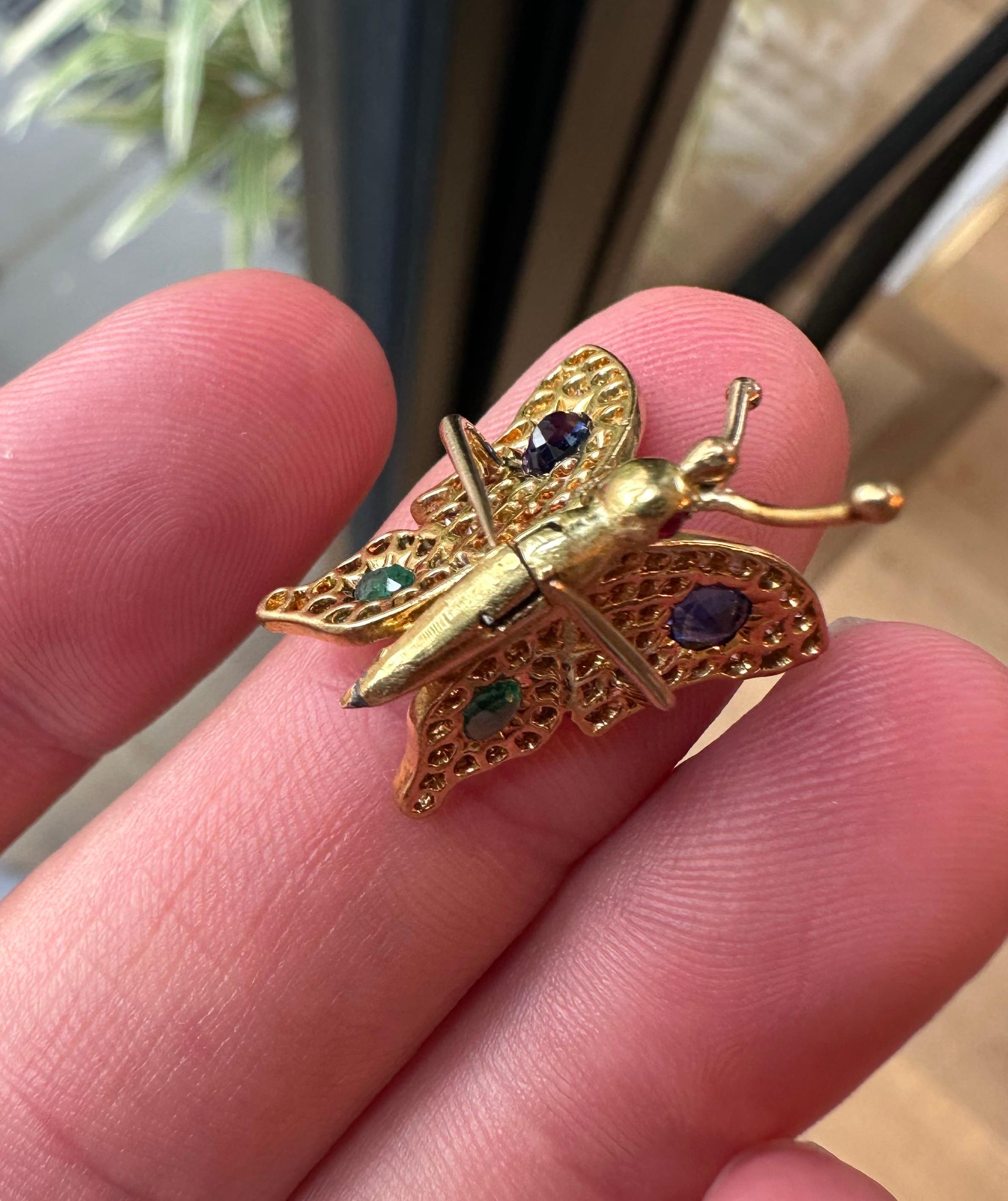 Vintage Sapphire Emerald and Diamond Butterfly Brooch For Sale 2