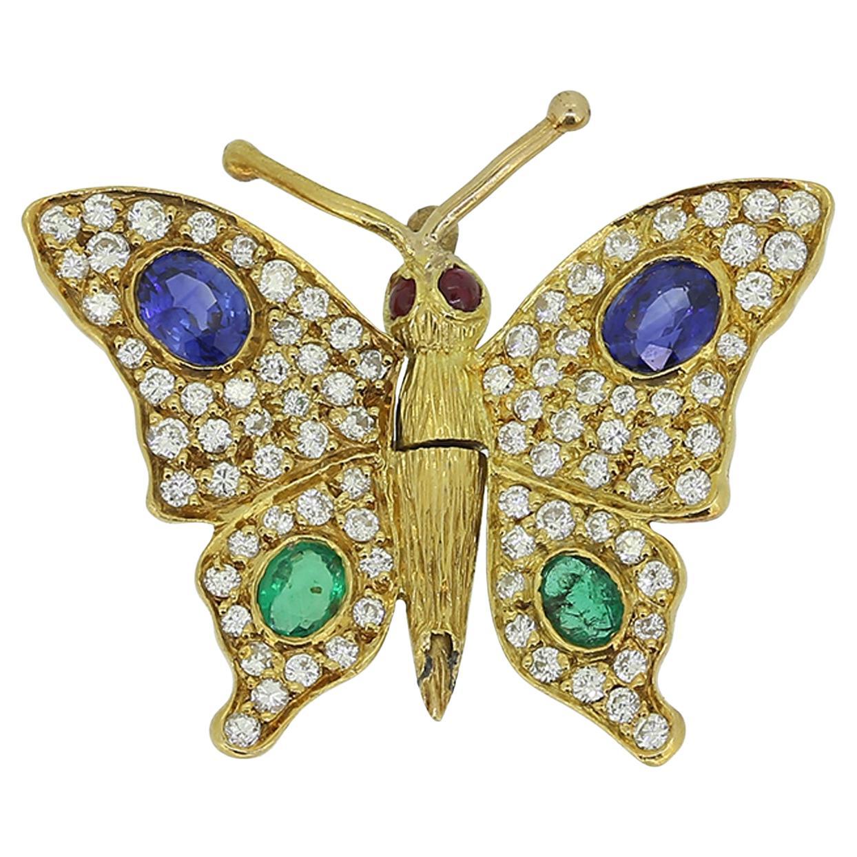 Vintage Sapphire Emerald and Diamond Butterfly Brooch For Sale