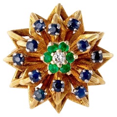 Vintage Sapphire Emerald Diamond 18k Yellow Gold Cocktail Ring
