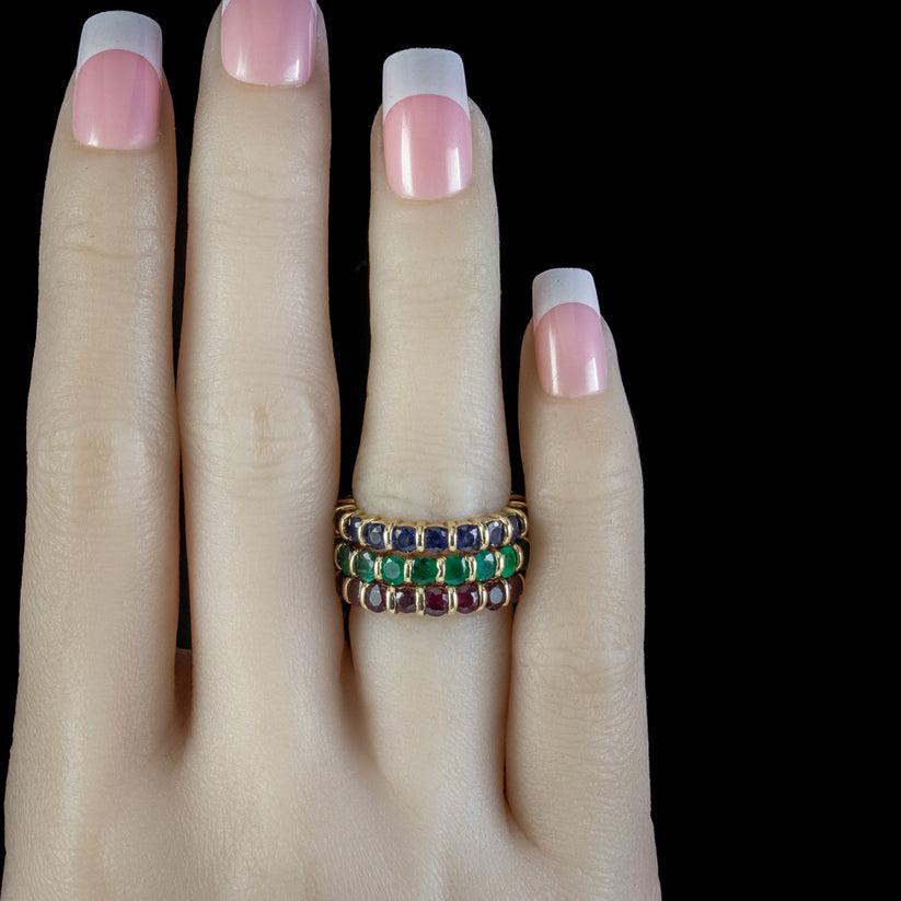 Women's Vintage Sapphire, Emerald, Ruby Eternity Ring Set Hennell Box