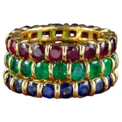 Vintage Sapphire, Emerald, Ruby Eternity Ring Set Hennell Box