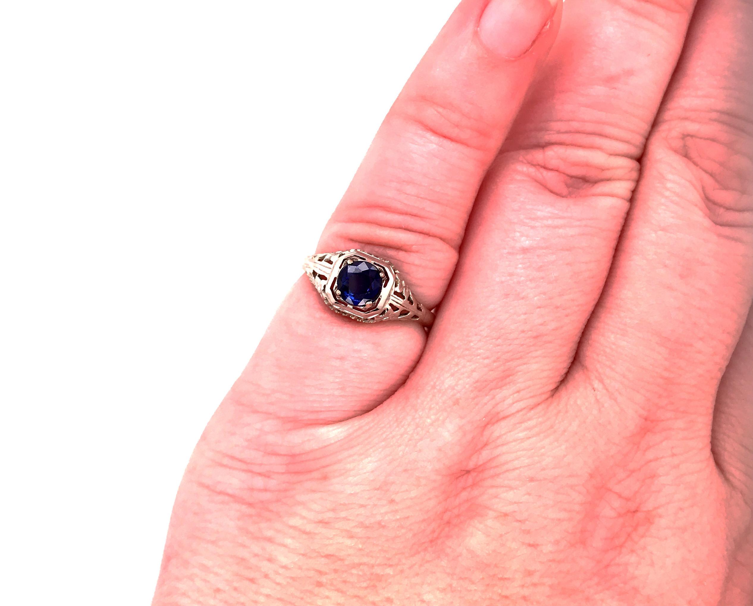Art Deco Sapphire Ring .80ct Round Original 1920's Antique Flowers Filigree 14K 1