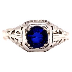 Art Deco Sapphire Ring .80ct Round Original 1920's Antique Flowers Filigree 14K