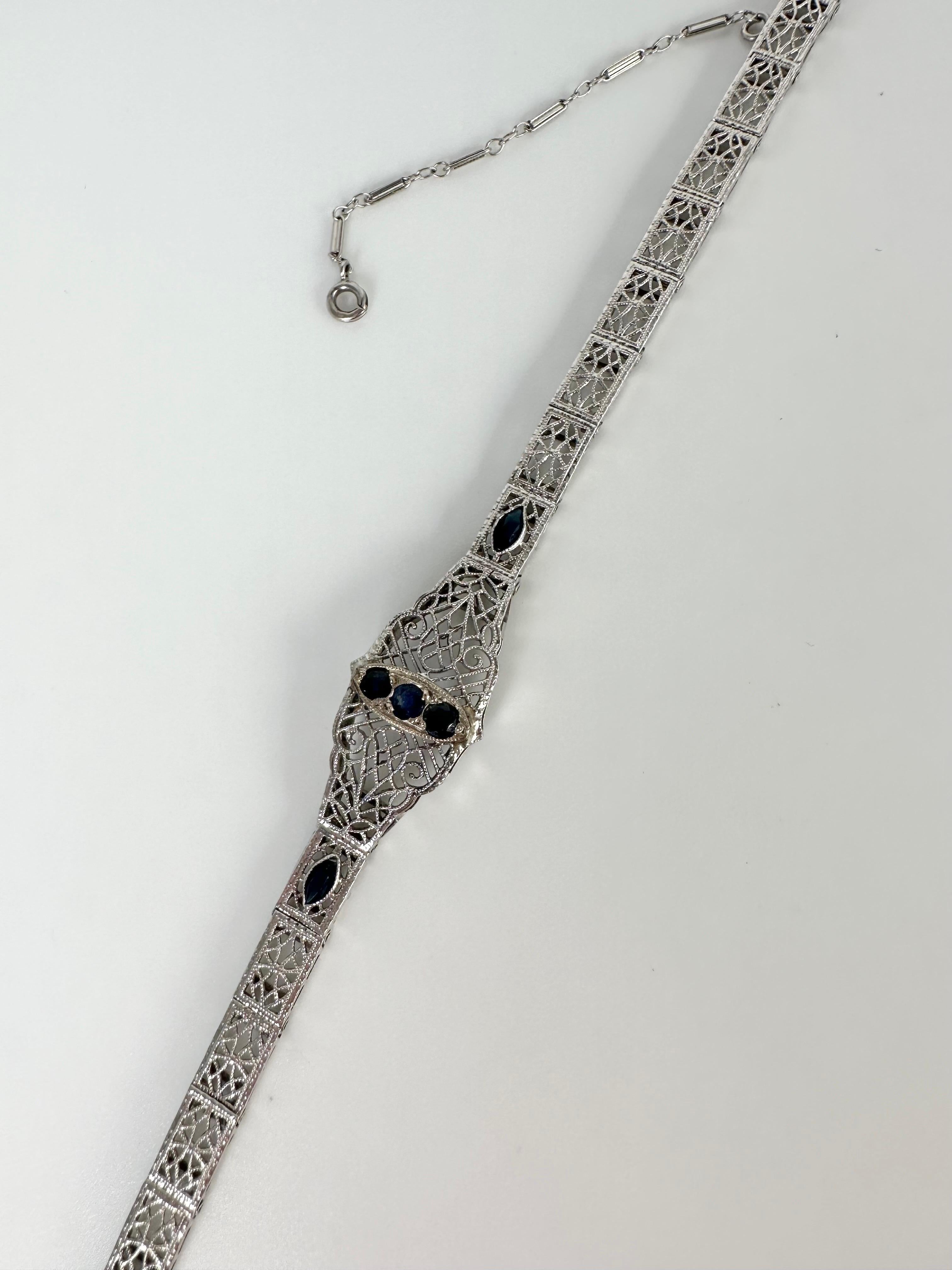 Vintage Sapphire Filigree Bracelet 14 Karat White Gold For Sale 1