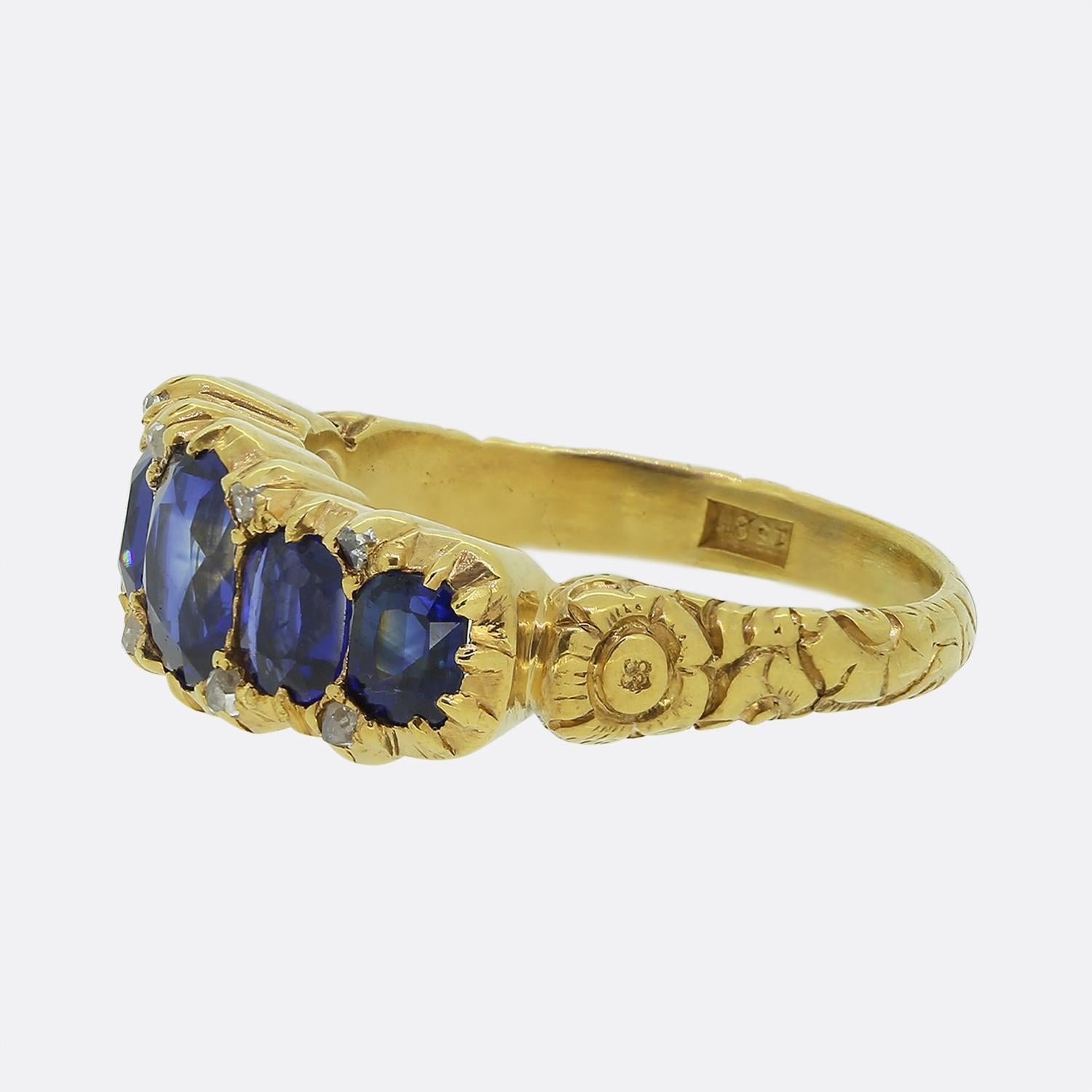 Here we have a stunning sapphire five-stone ring. This vintage piece has been crafted from a rich 18ct yellow gold and features five excellently matched sapphires of Ceylon origin. Each individual stone possesses a vivid royal blue colour with a