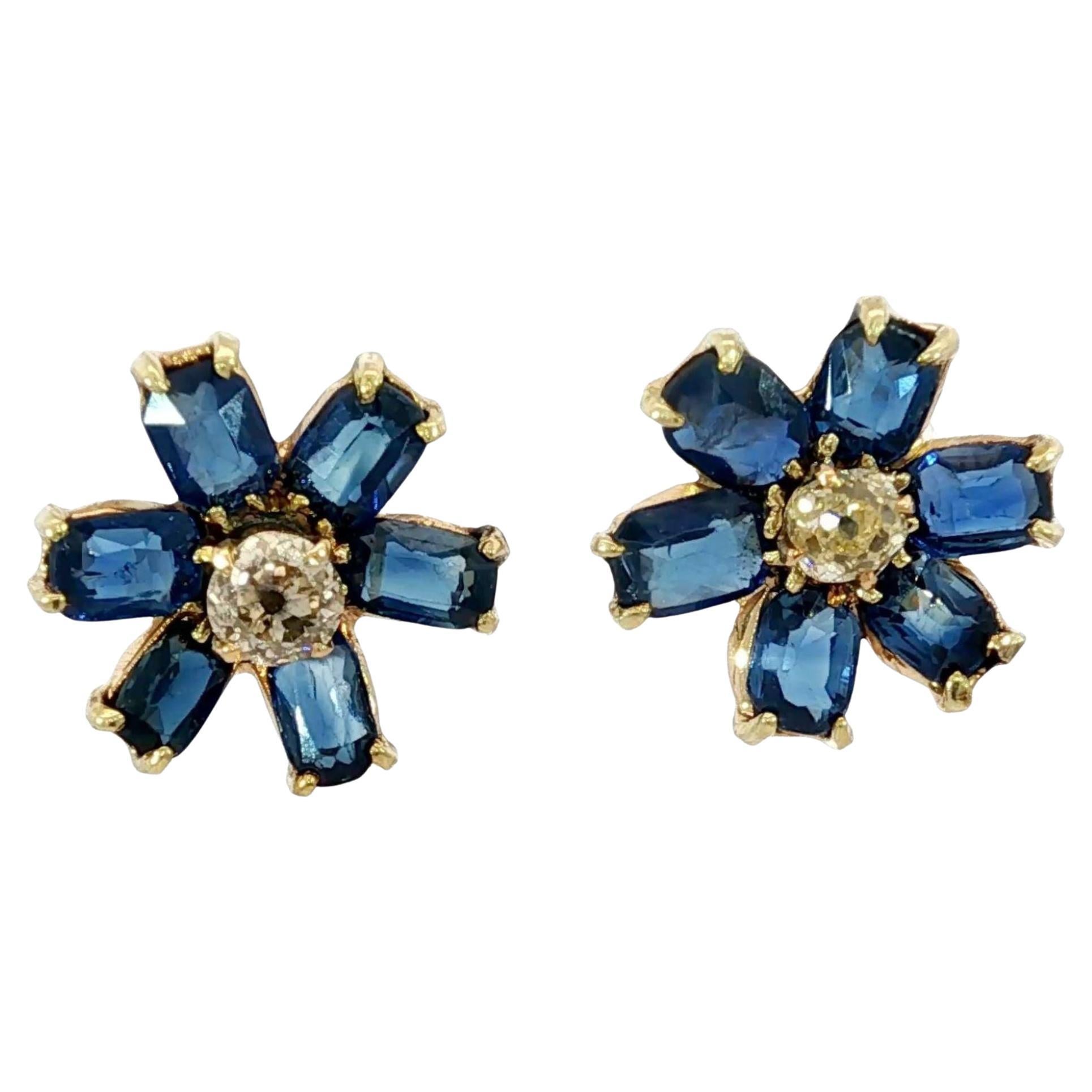 Vintage Sapphire Flower Earrings Diamond Cluster Studs 14K Yellow Gold ~4.25ctw