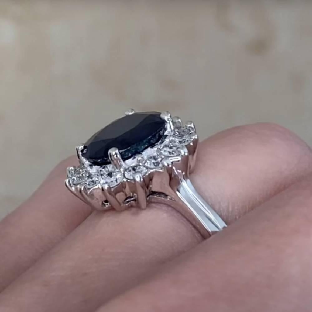 Oval Cut Vintage Sapphire (GIA Approx. 3.90-Carats) and Diamond Cluster Ring, White Gold For Sale