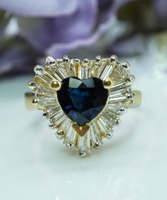 Vintage Sapphire Heart Baguette Diamond 18K Gold Estate Ballerina Ring High End