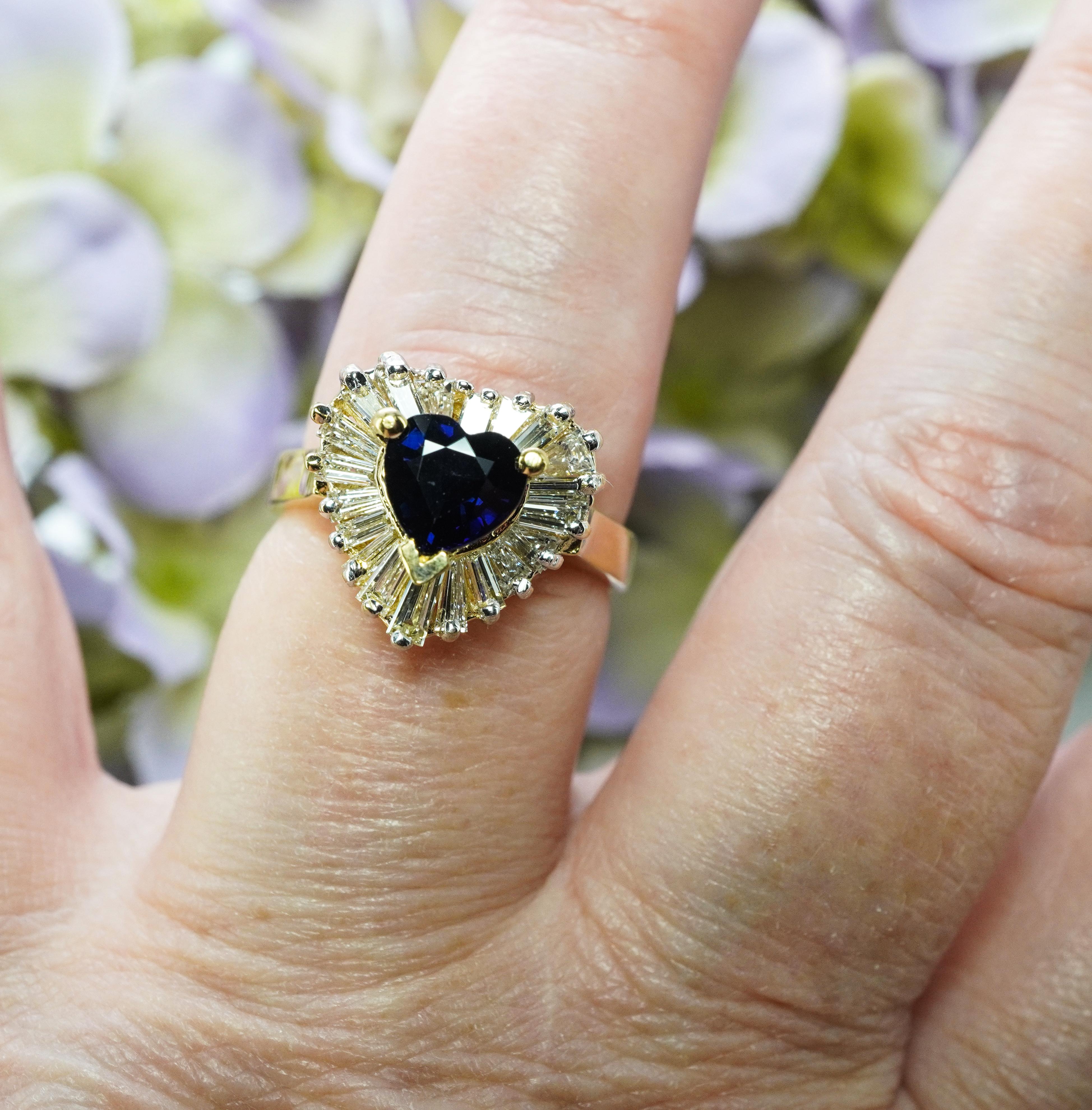 Vintage Saphir Herz Baguette Diamant 18K Gold Estate Ballerina Ring High End Vintage Damen im Angebot