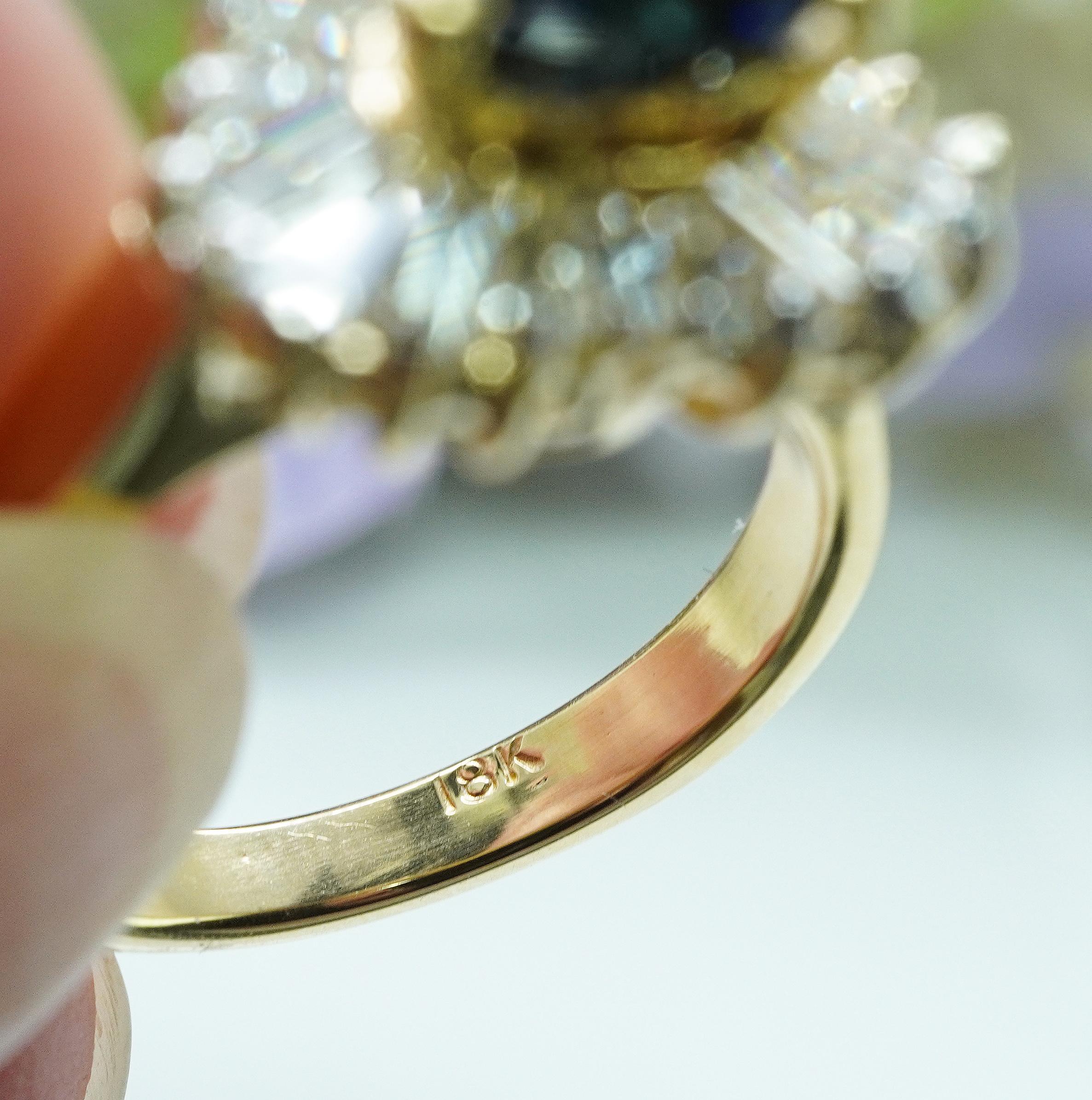 Vintage Saphir Herz Baguette Diamant 18K Gold Estate Ballerina Ring High End Vintage im Angebot 4