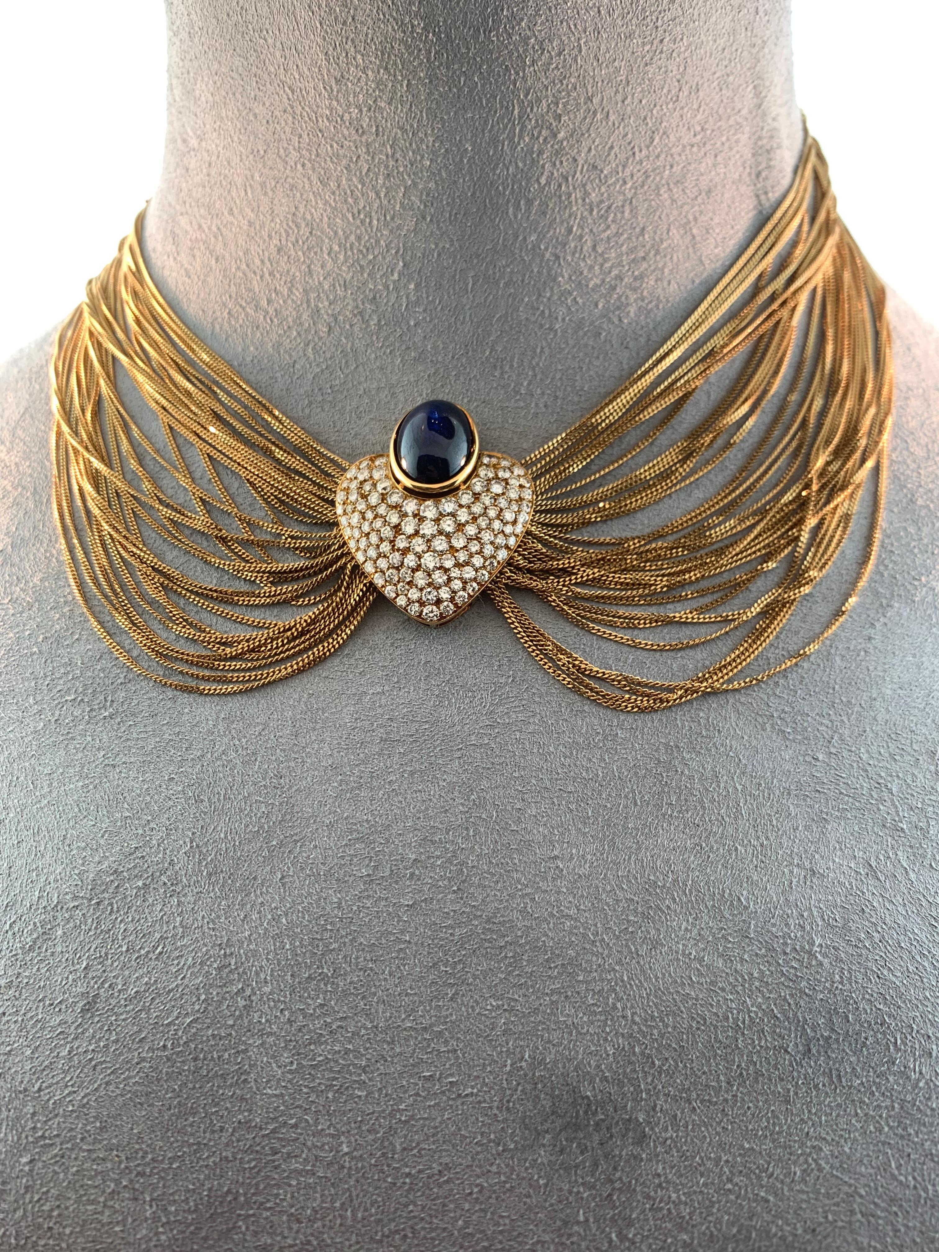 Modern Vintage Sapphire Heart Shaped Diamond Multi Stranded Artisan 18K Gold Necklace For Sale
