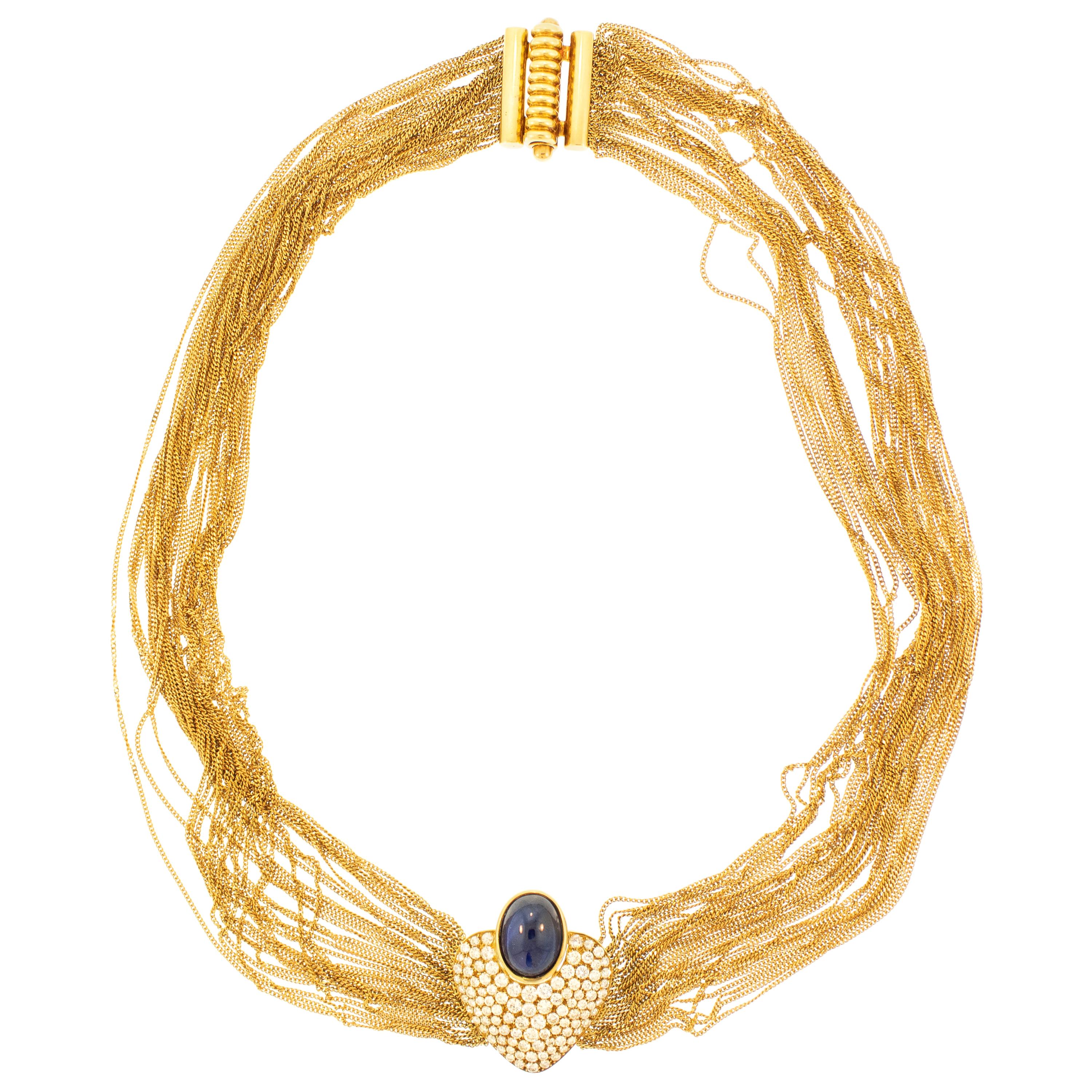 Vintage Sapphire Heart Shaped Diamond Multi Stranded Artisan 18K Gold Necklace For Sale