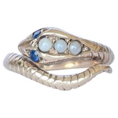Vintage Sapphire, Pearl and 9 Carat Gold Snake Ring