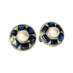Vintage Sapphire Pearl and Diamond Platinum Cluster Stud Earrings