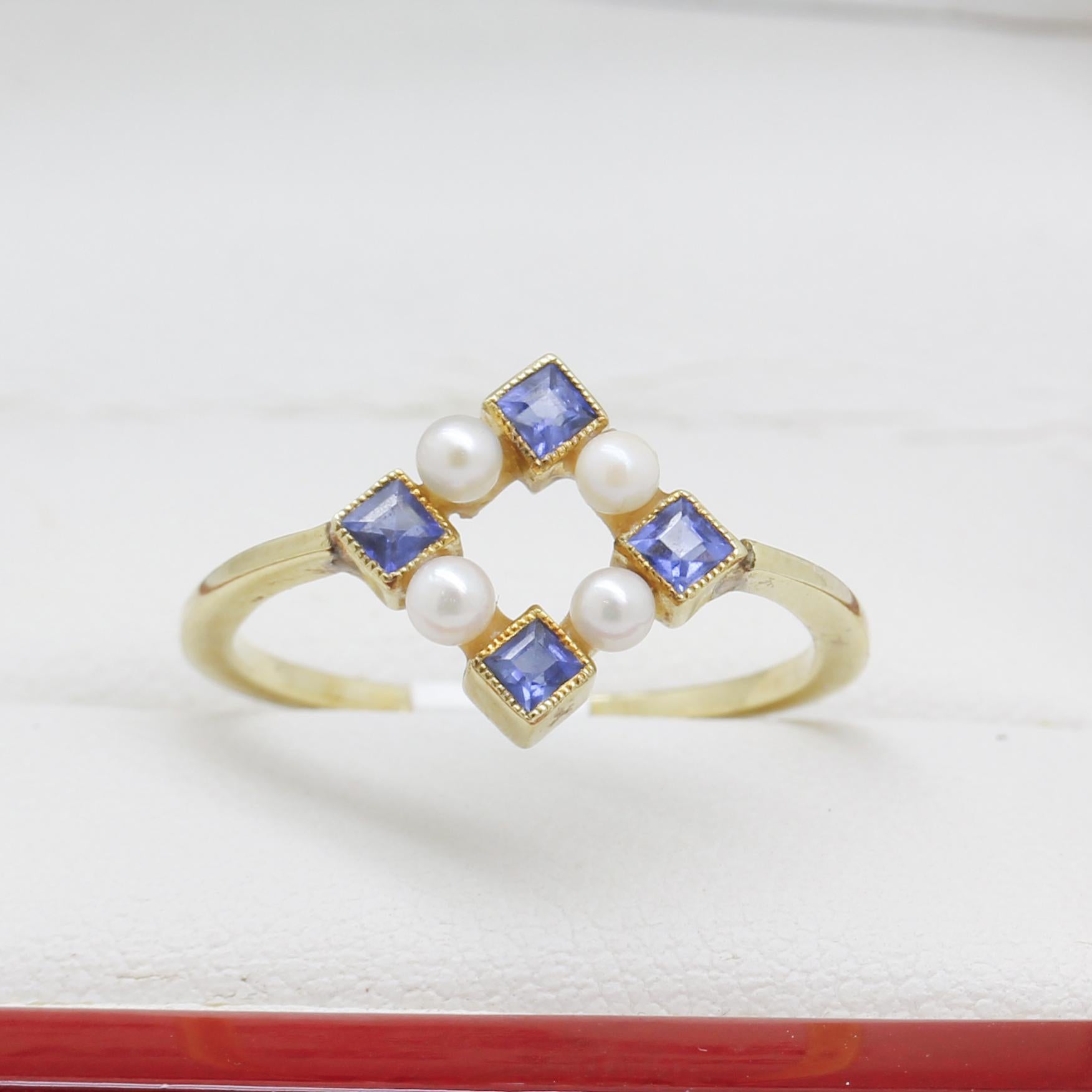 Princess Cut Vintage Sapphire & Pearl Art Deco Ring For Sale