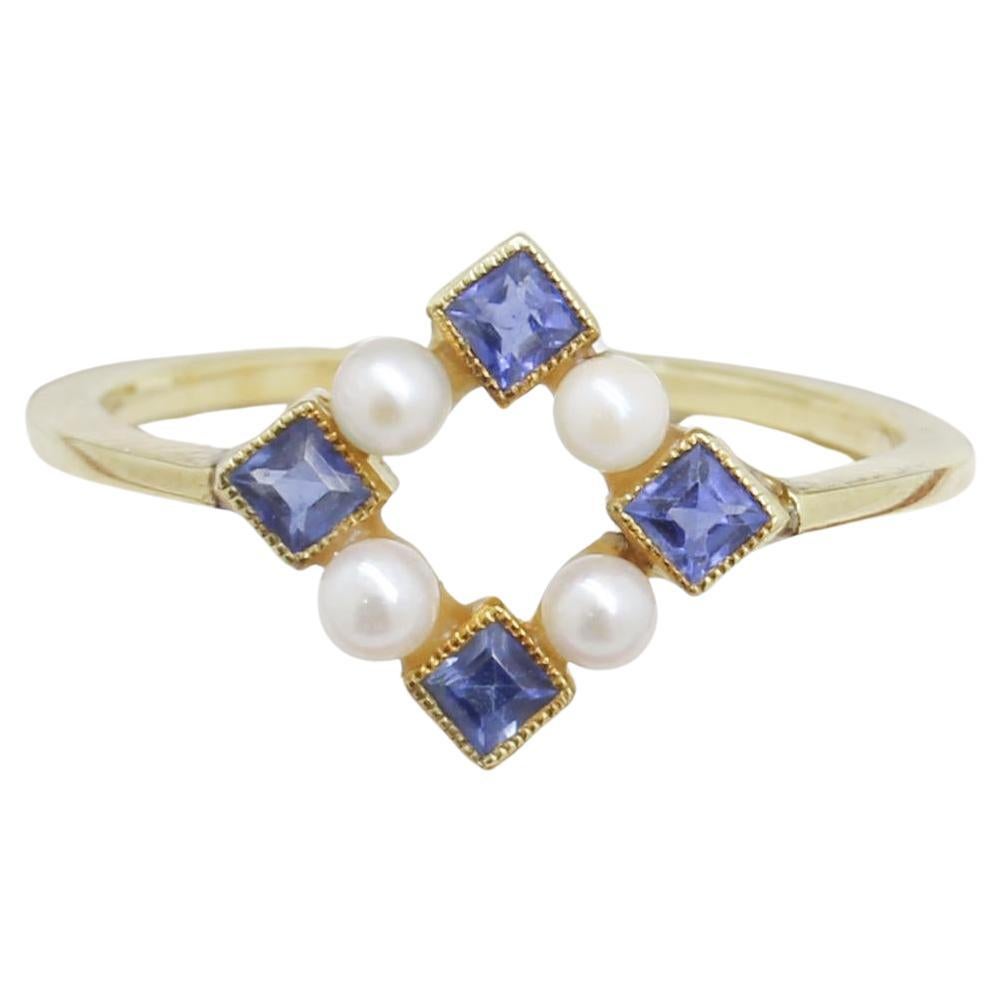 Vintage Sapphire & Pearl Art Deco Ring For Sale
