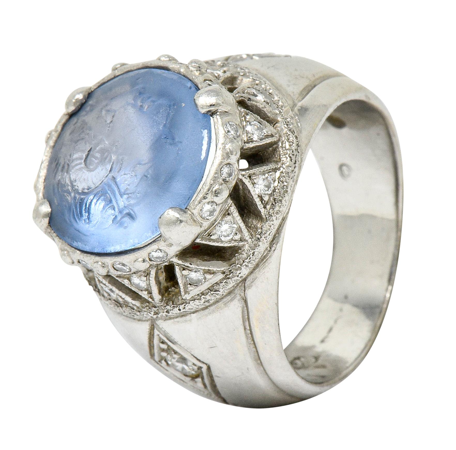 Vintage Sapphire Platinum Zeus Ammon Cameo Men's Ring 1