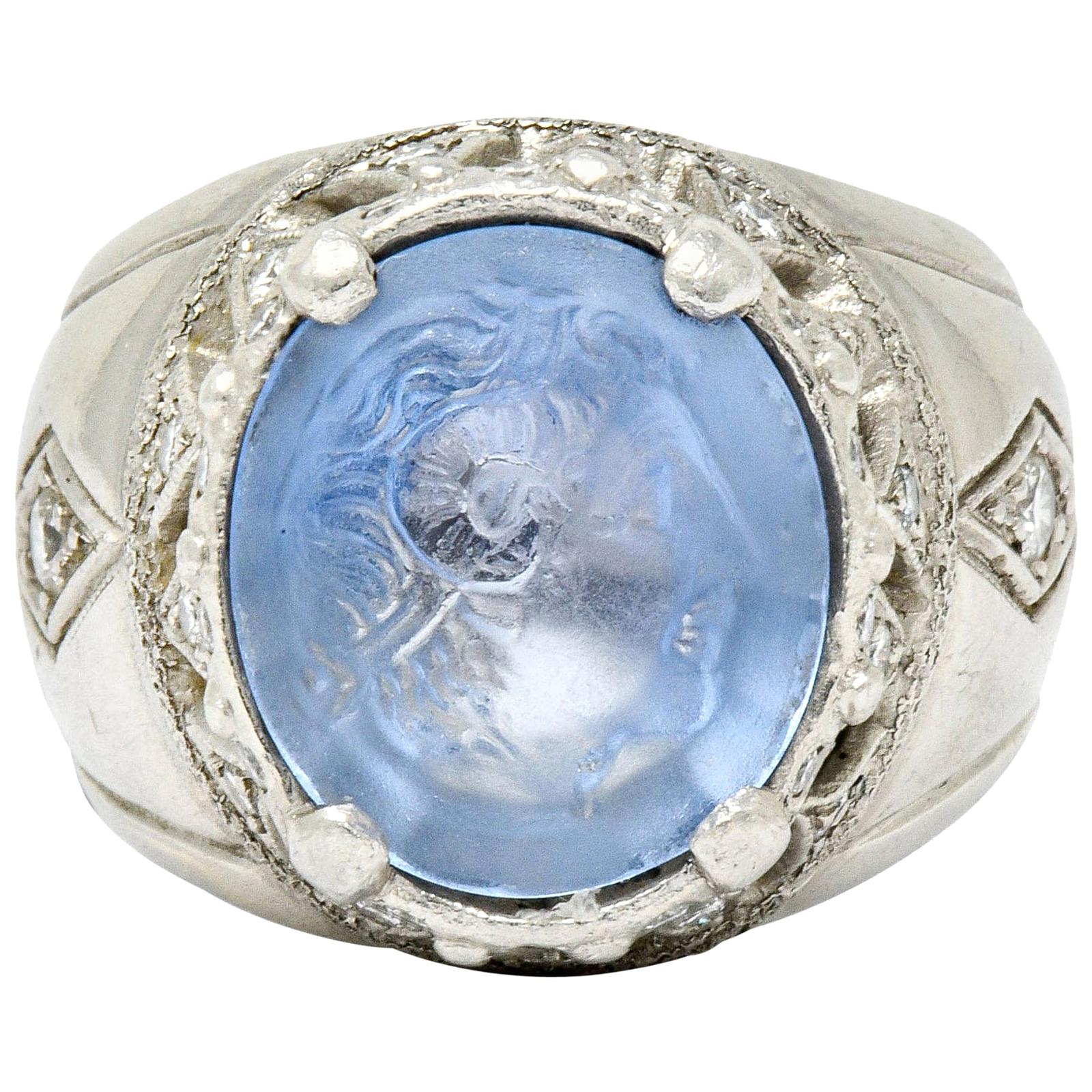 Vintage Sapphire Platinum Zeus Ammon Cameo Men's Ring