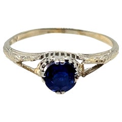 Vintage Sapphire Ring .65ct 18K White Gold Antique Art Deco